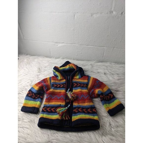 YUSU TEX Alpaca Wool Colorful Cardigan Hand Made in Peru Full Zip baby Sz 0 - 12 - Picture 1 of 6